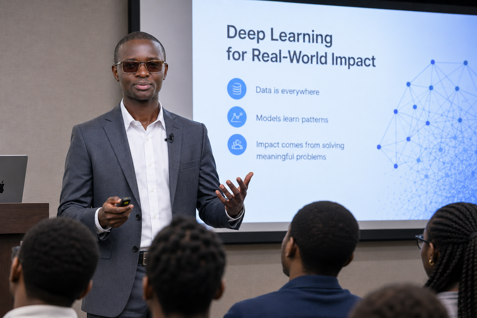 Dr. Jeff Owino presenting Deep Learning for Real-World Impact in a lecture hall
